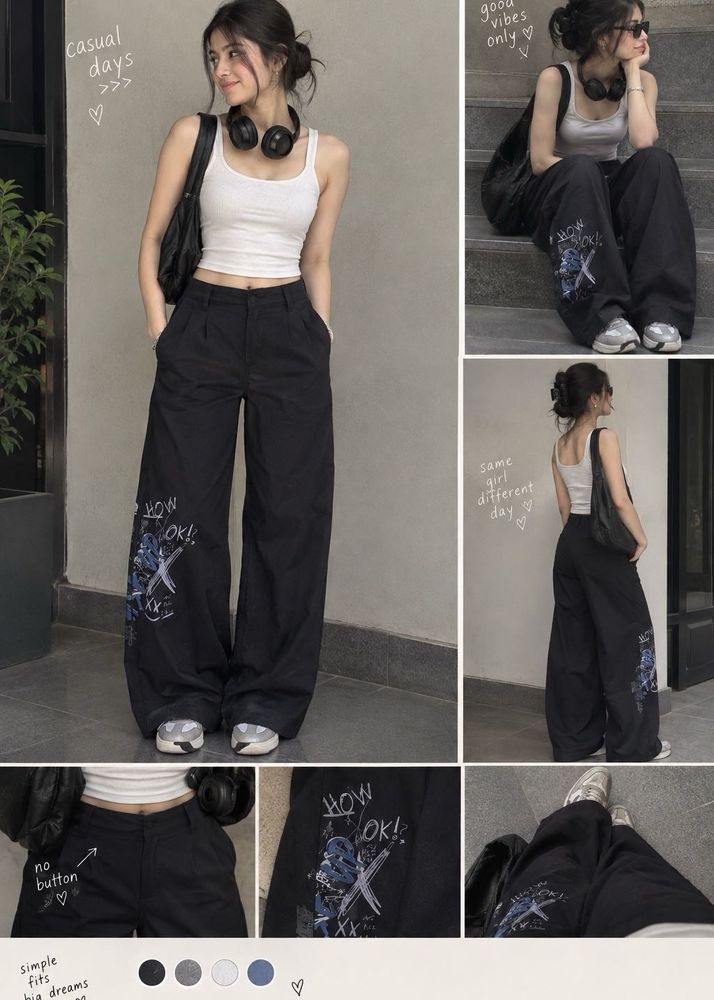 Black Wide Leg Pants with Graphic Print