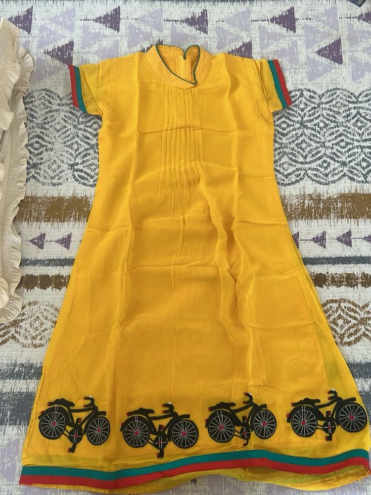 Yellow Kurta with Bicycle Print
