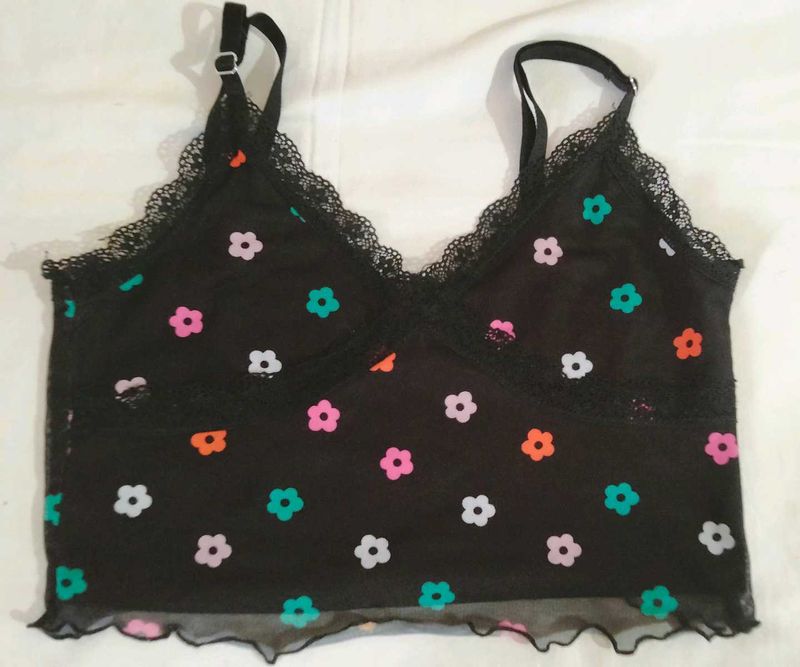 Cute Floral Black Crop Top
