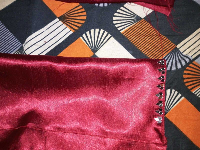 Maroon Satin Fabric with Mirror Work
