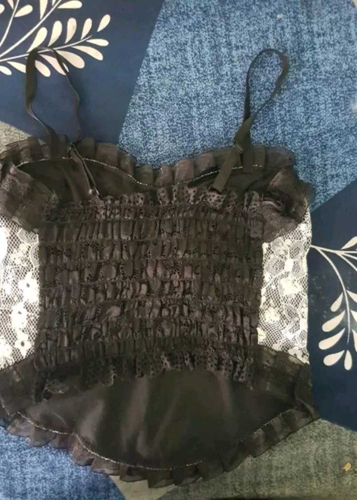 Black Lace Trim Smocked Cami Top
