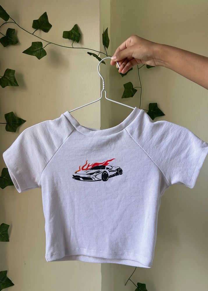 White Crop Top with Car Graphic