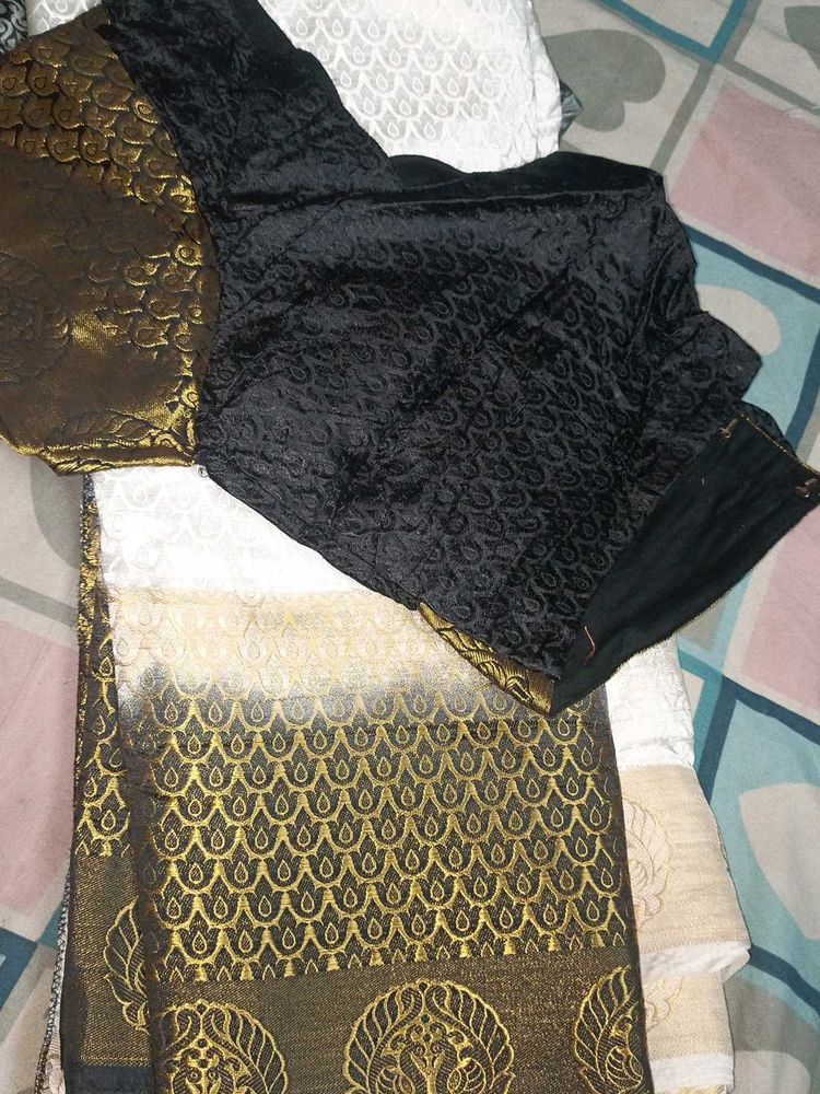Elegant Black &amp; Gold Saree with Blouse