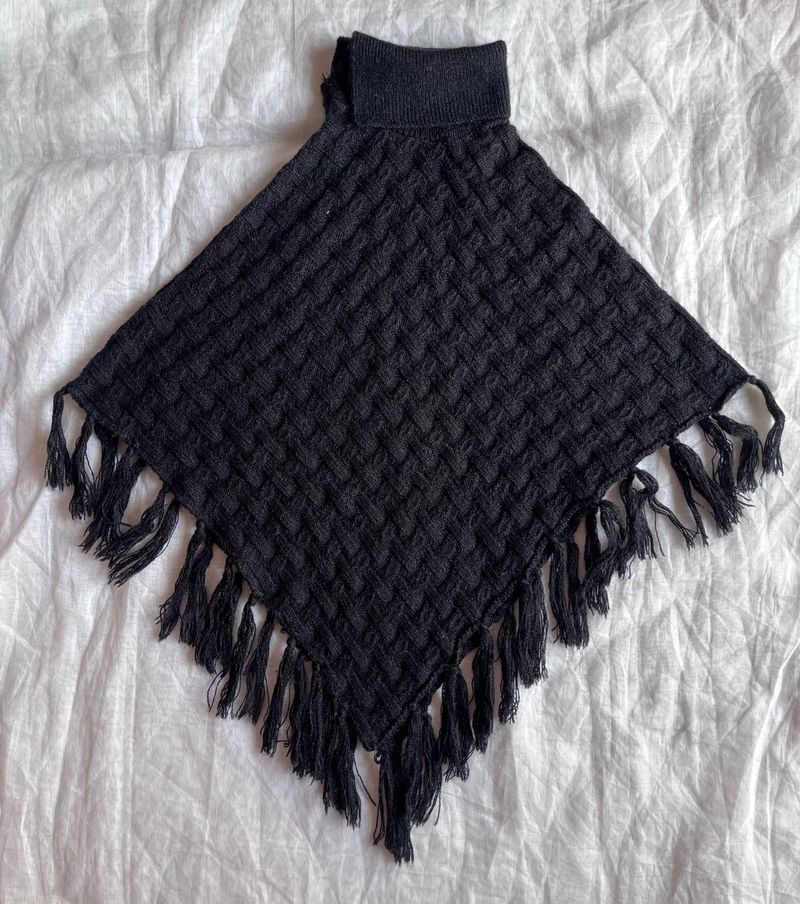 Black Knit Poncho with Fringe