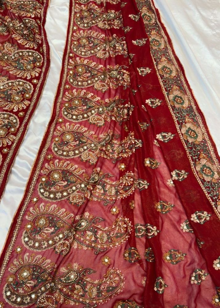 Embroidered Red Saree with Paisley Design