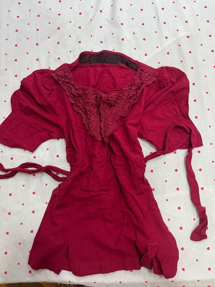 Charming Lace Collar Red Top