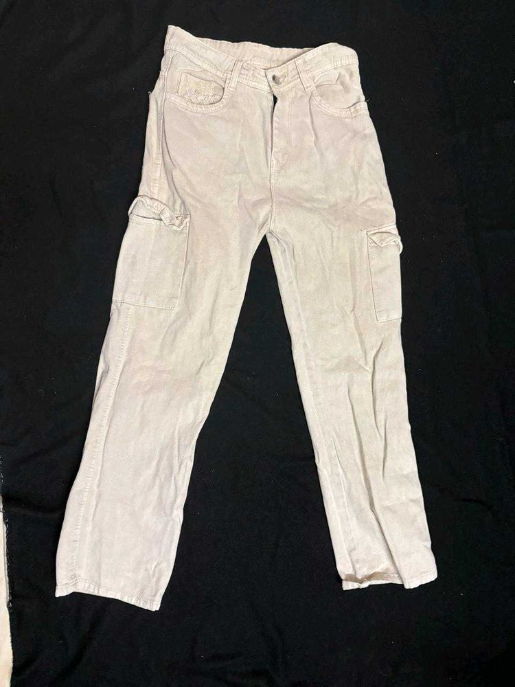 Beige Wide Leg Cargo Jeans