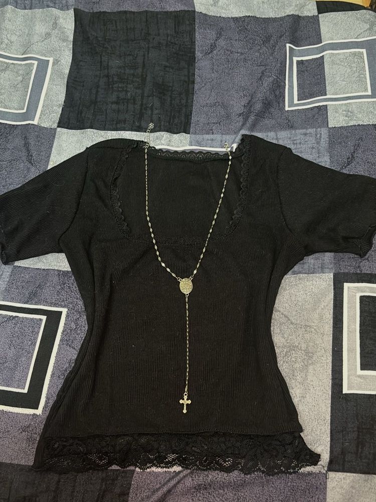 Y2k Black Lace Trimmed Top