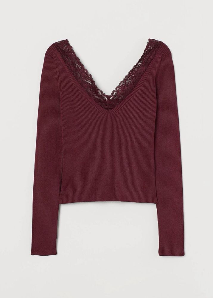 H&amp;M Maroon Ribbed Top with Lace