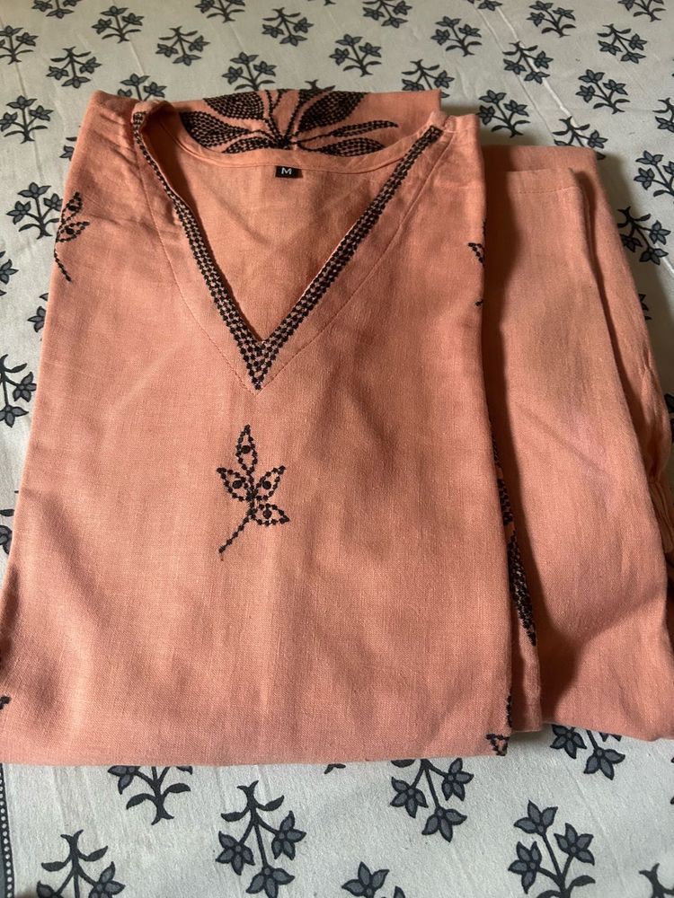 Peach Embroidered Cotton Kurta Set