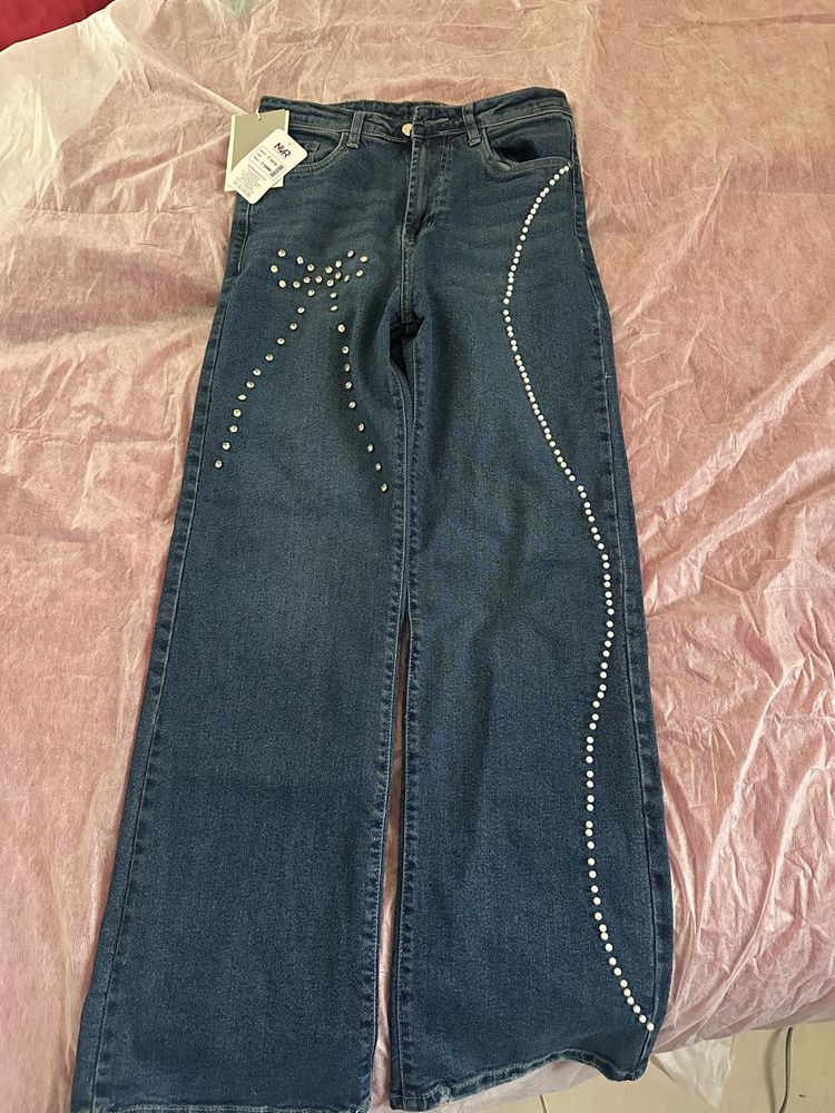 Embellished Wide Leg Denim Jeans