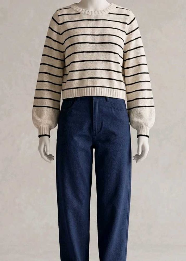 Striped Knit Sweater with Balloon Sleeves