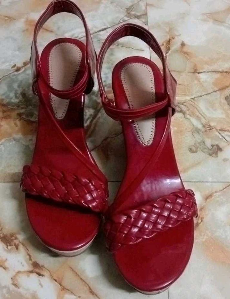 Red Woven Strap Platform Heels