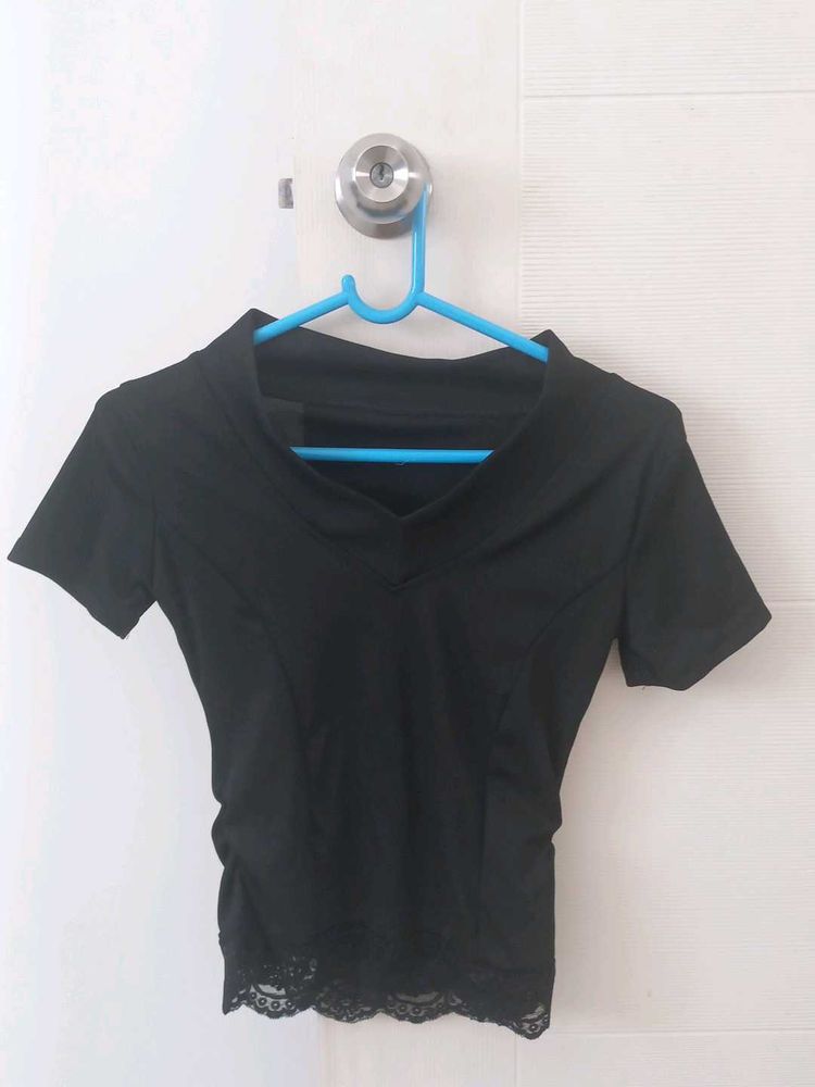 Black Lace Trim V-Neck Top