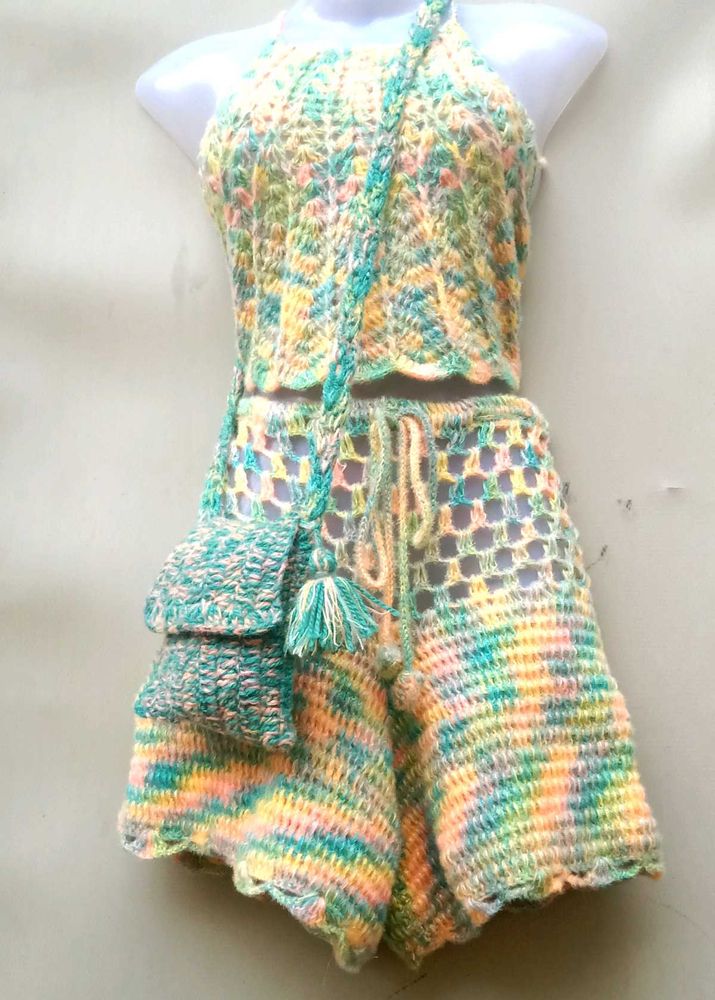 Crochet Co-Ord Set With Cellphone Sling Bag