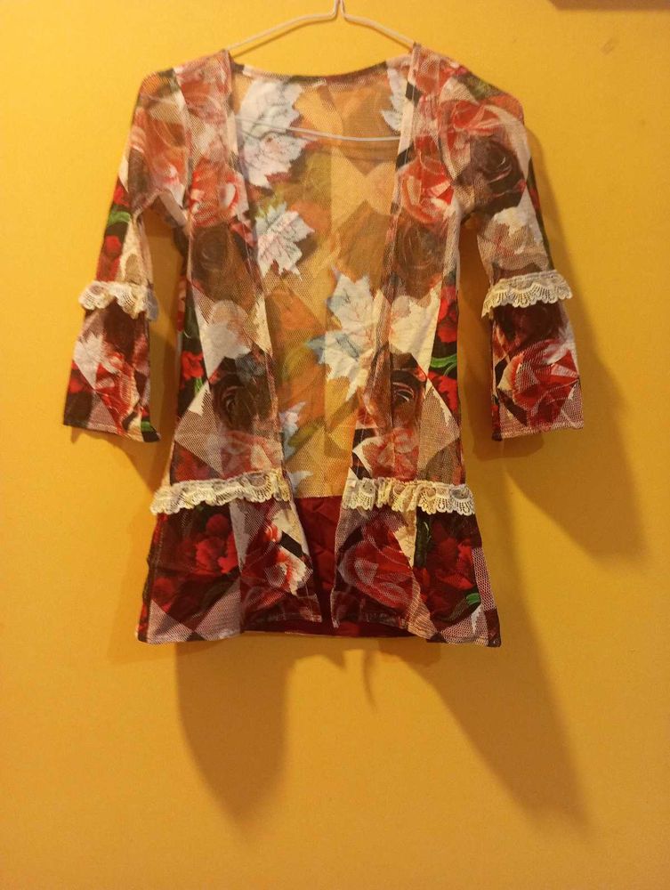 Sheer Floral Print shrug with Lace Trim. Vintage