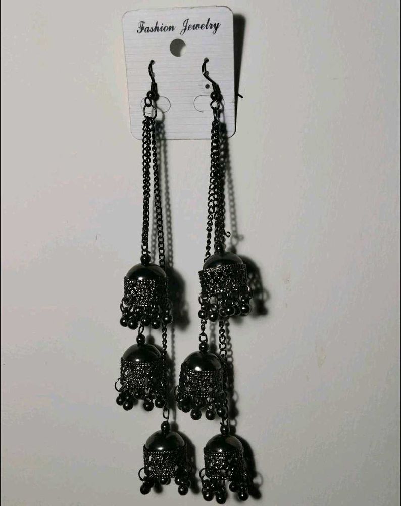 Long Tessle Oxidised Jhumka Earrings