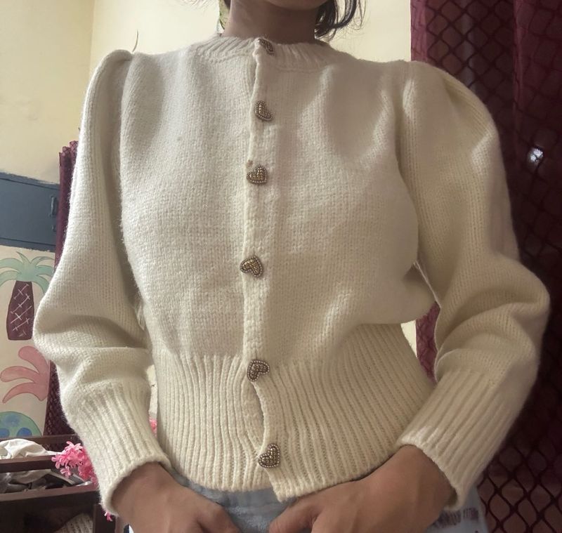 Cream Cardigan with Heart Buttons