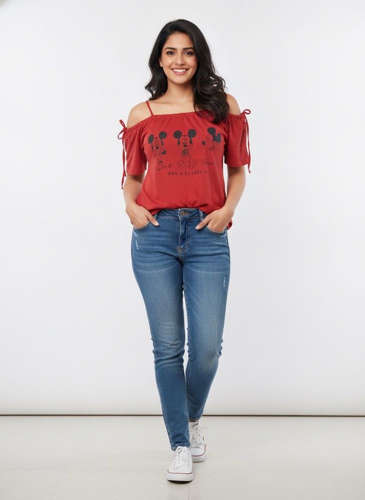 Red Mickey Mouse Top &amp; Blue Jeans Set