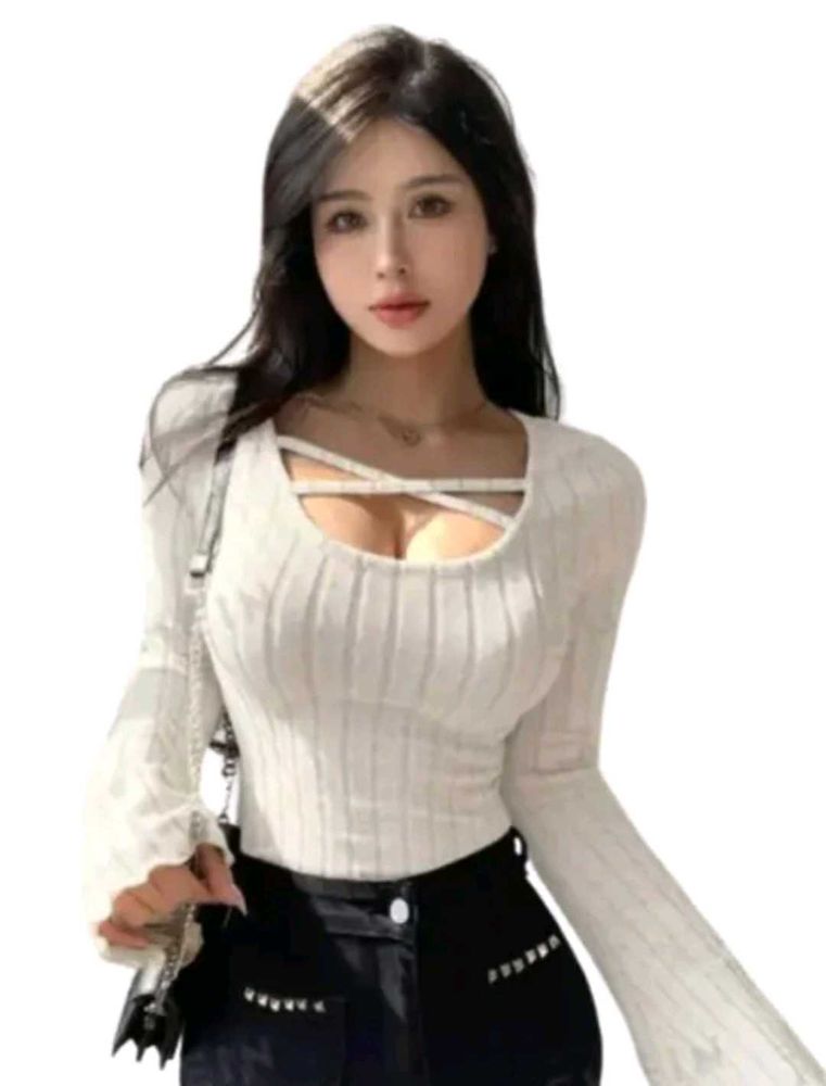White Ribbed Long Sleeve Top