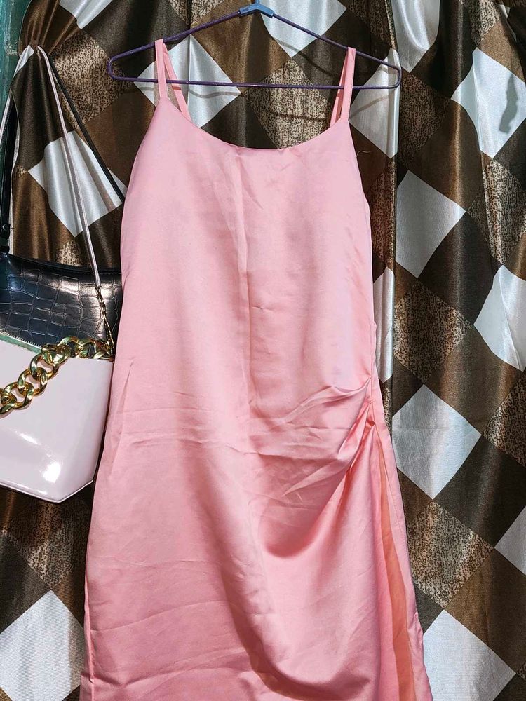 Elegant Pink Spaghetti Strap Ruched Dress