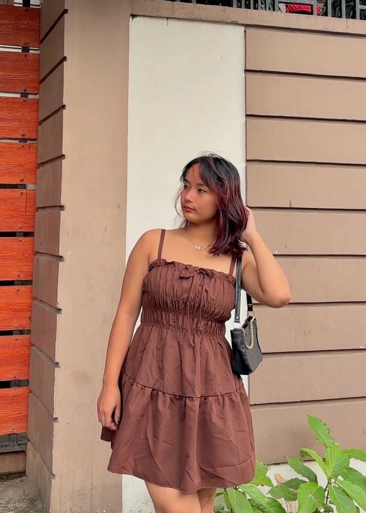 Newme Dark Brown Solid Tiered Dress