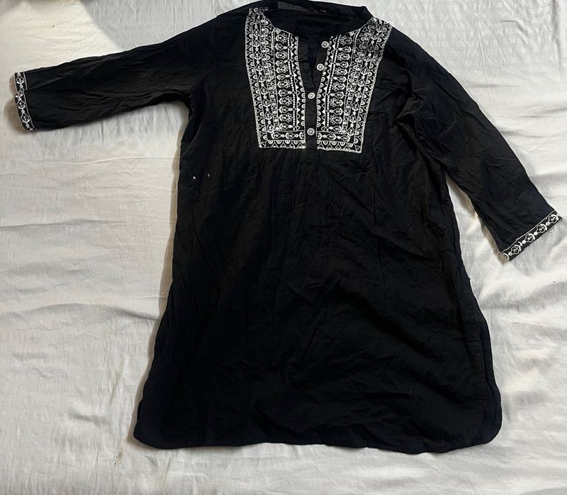 Black Embroidered Cotton Kurti