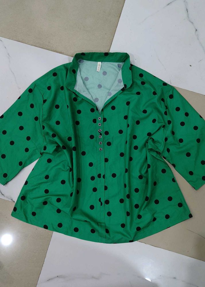 Green Polka Dot Button-Up Top