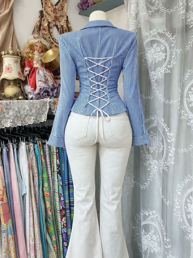 Blue Stripe Corset Back Shirt
