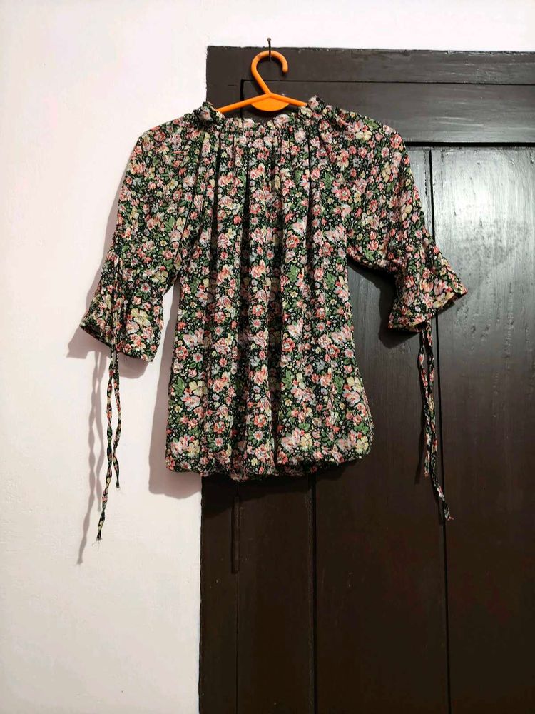 Floral Print Bardot Top with Tie Sleeves