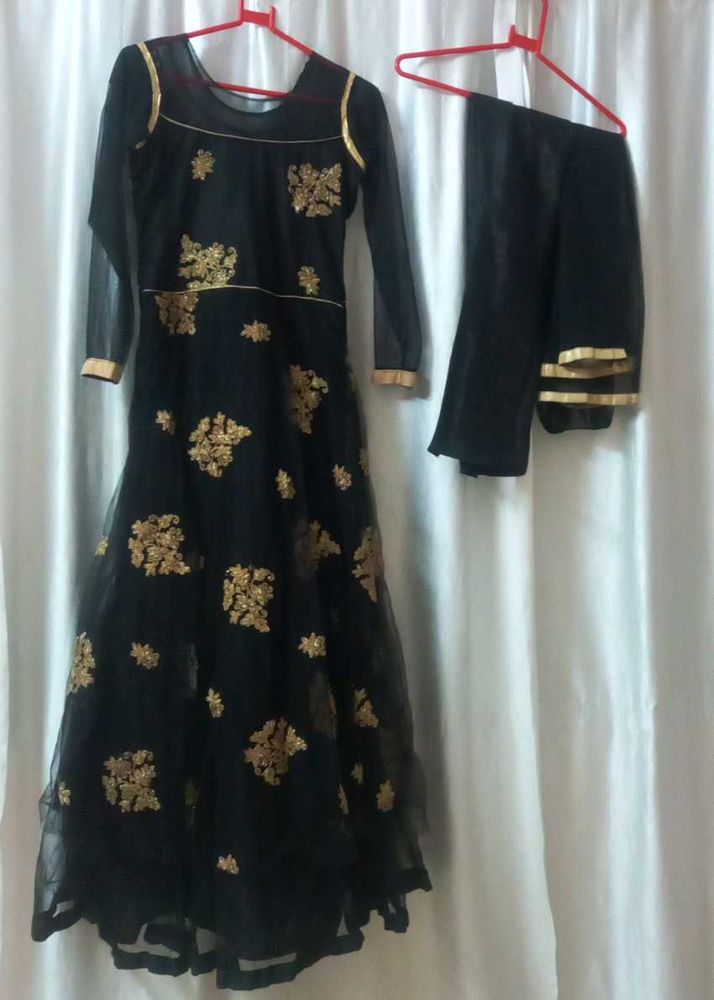 Elegant Black &amp; Gold Embroidered Gown
