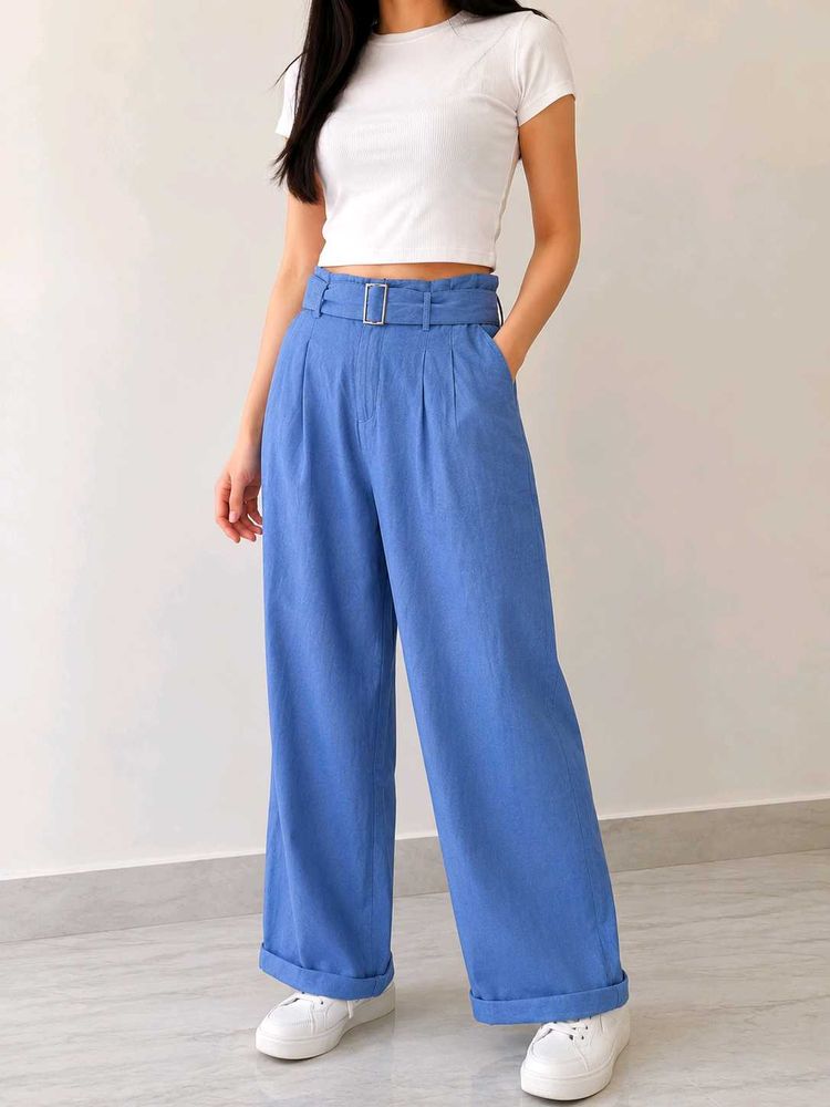 Blue High-Waisted Wide-Leg Pants