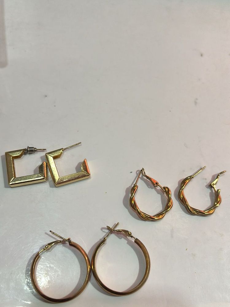 3 Pairs Gold Tone Hoop Earrings