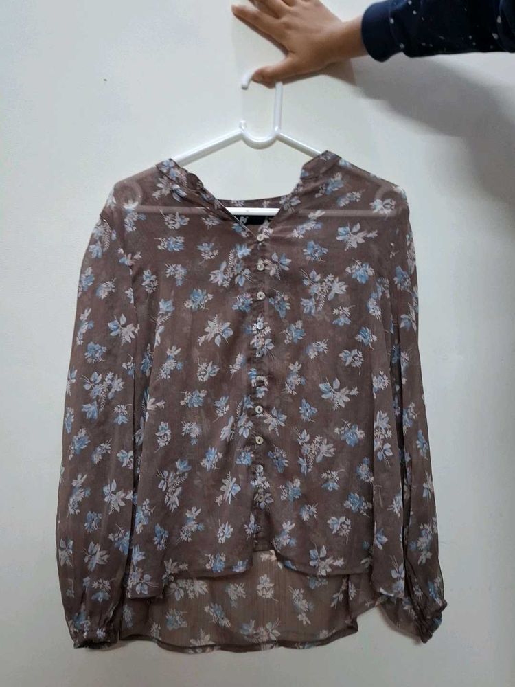 Sheer Floral Button-Up Blouse