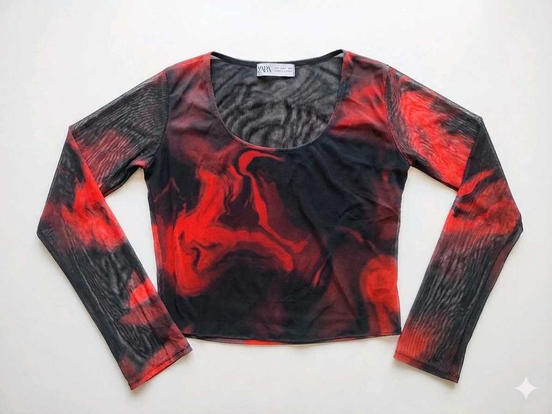 Mesh Swirl Print Long Sleeve Top