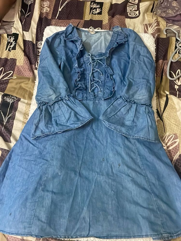 Denim Ruffled Lace-Up Dress