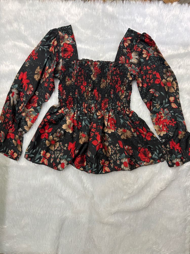 stylish black floral print peplum Top