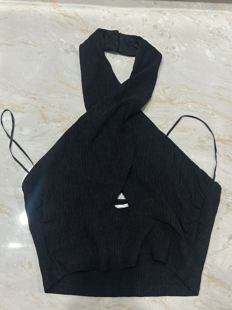 Black Textured Halter Neck Crop Top
