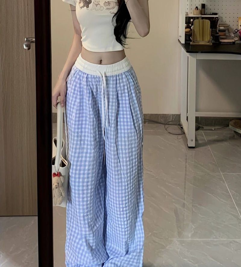Light Blue Gingham Wide Leg Pants