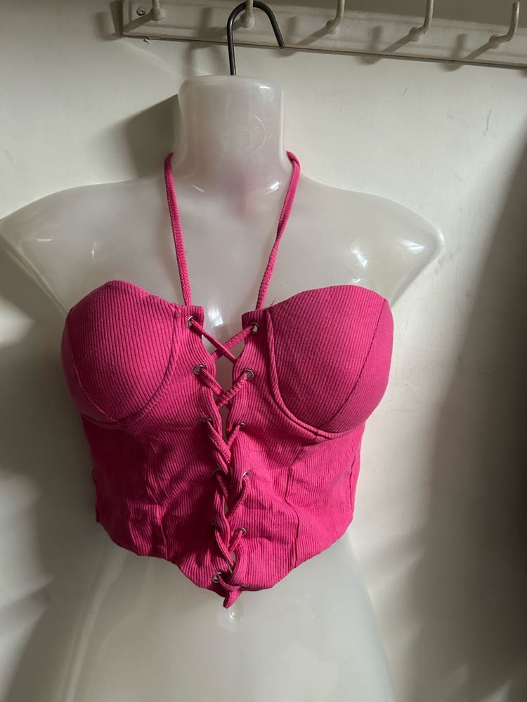 Hot Pink Lace-Up Halter Top