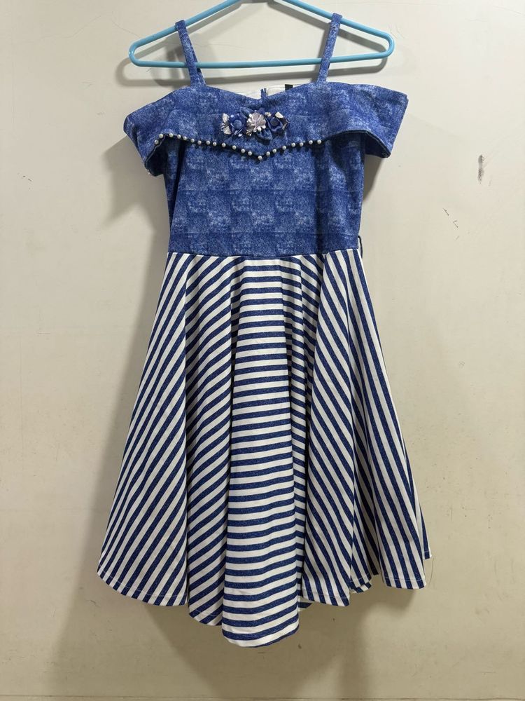 Blue Striped Off-Shoulder Dress
