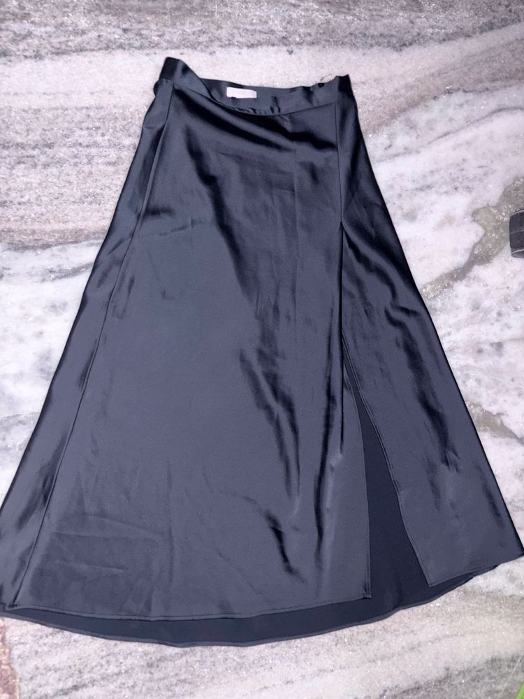 Sleek Black Satin Midi Skirt