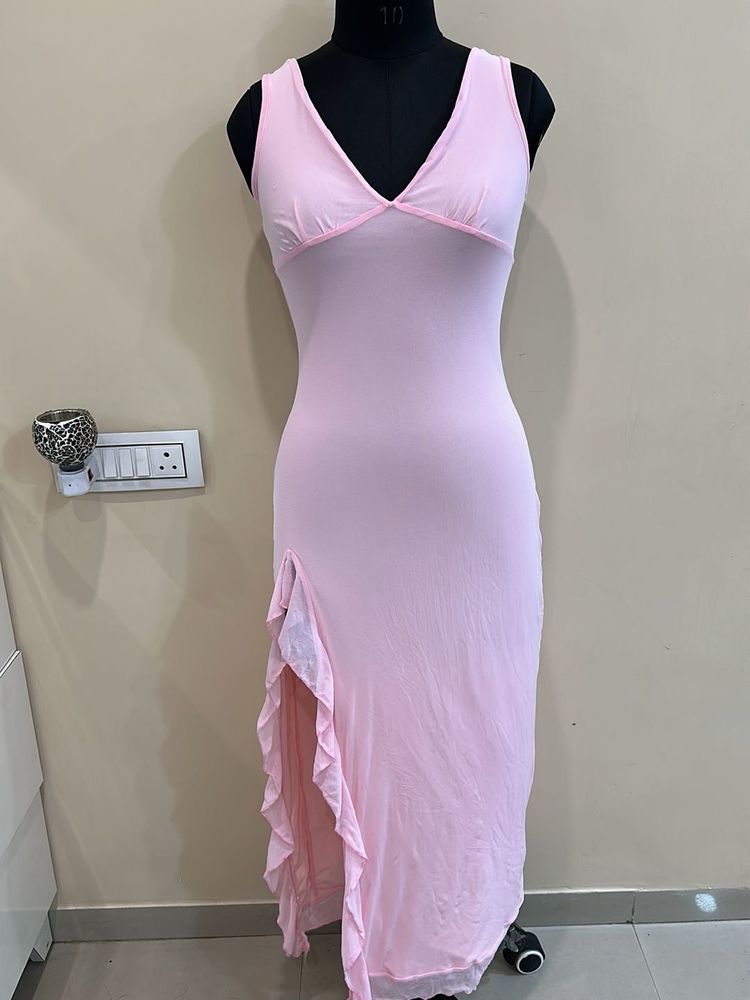 Pink Ruffle Slit Maxi Dress