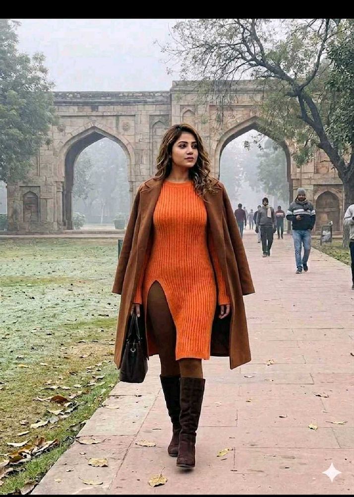 Stylish Orange Ribbed Knit Dress