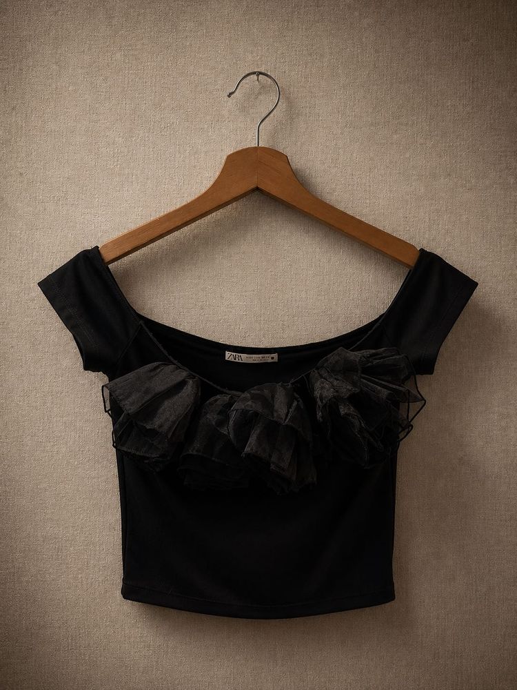 Black Off-Shoulder Tulle Ruffle Top