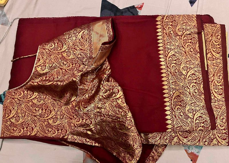 Maroon Saree with Gold Brocade Blouse