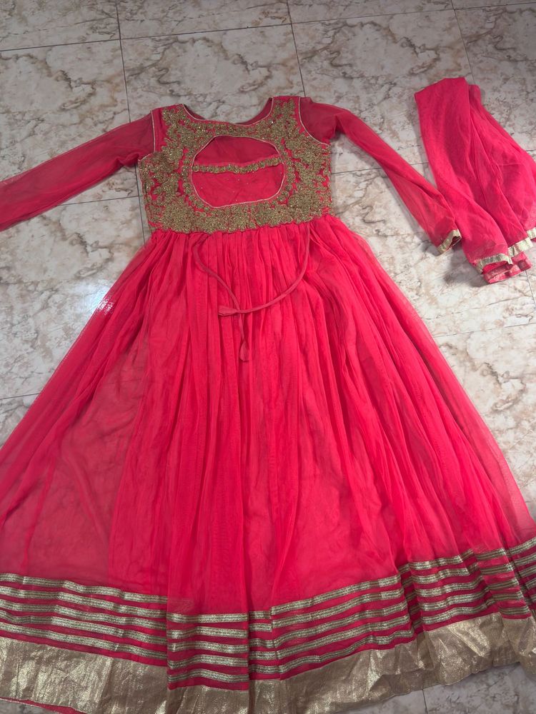 Gorgeous Pink Anarkali Gown with Golden Work