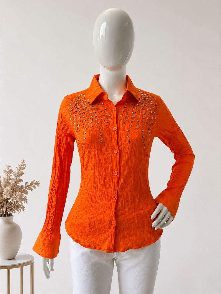Embellished Orange Crinkle Shirt