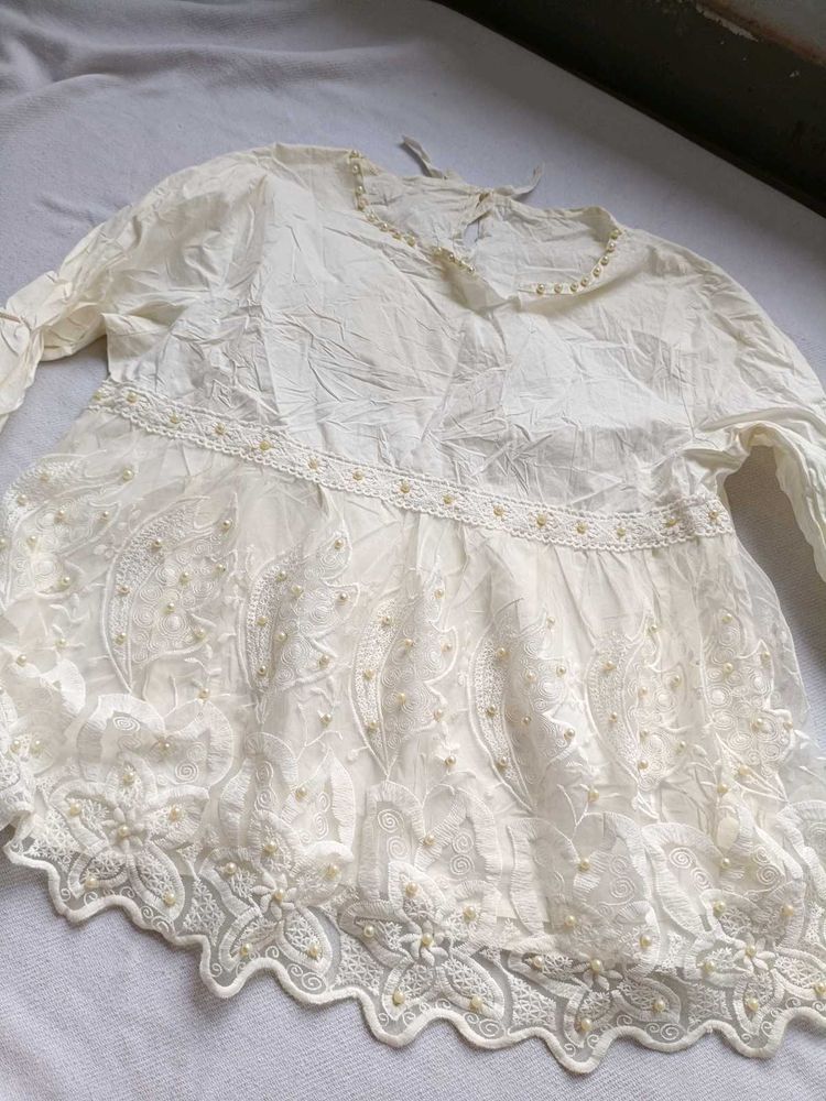 Elegant White Pearl Embellished Blouse
