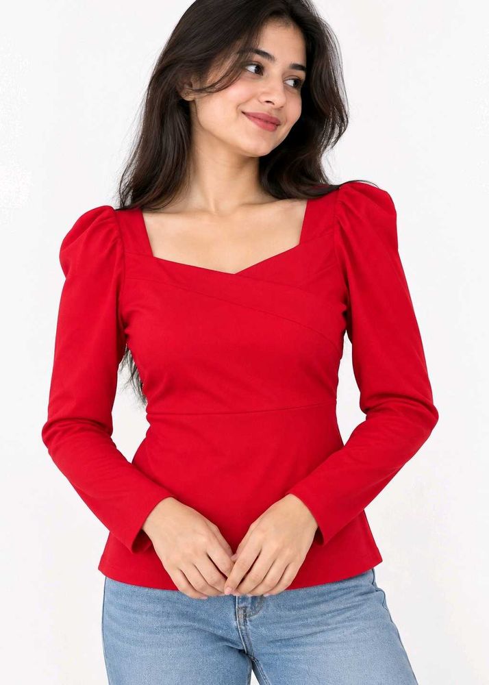 Chic Red Sweetheart Neck Puff Sleeve Top